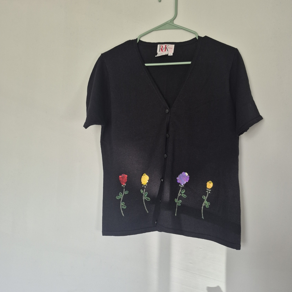 R&K Women's Black Cardigan with Floral Embroidery